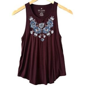 American Eagle‎ Maroon Racerback Tank Top Floral Embroidery, Size X-Small